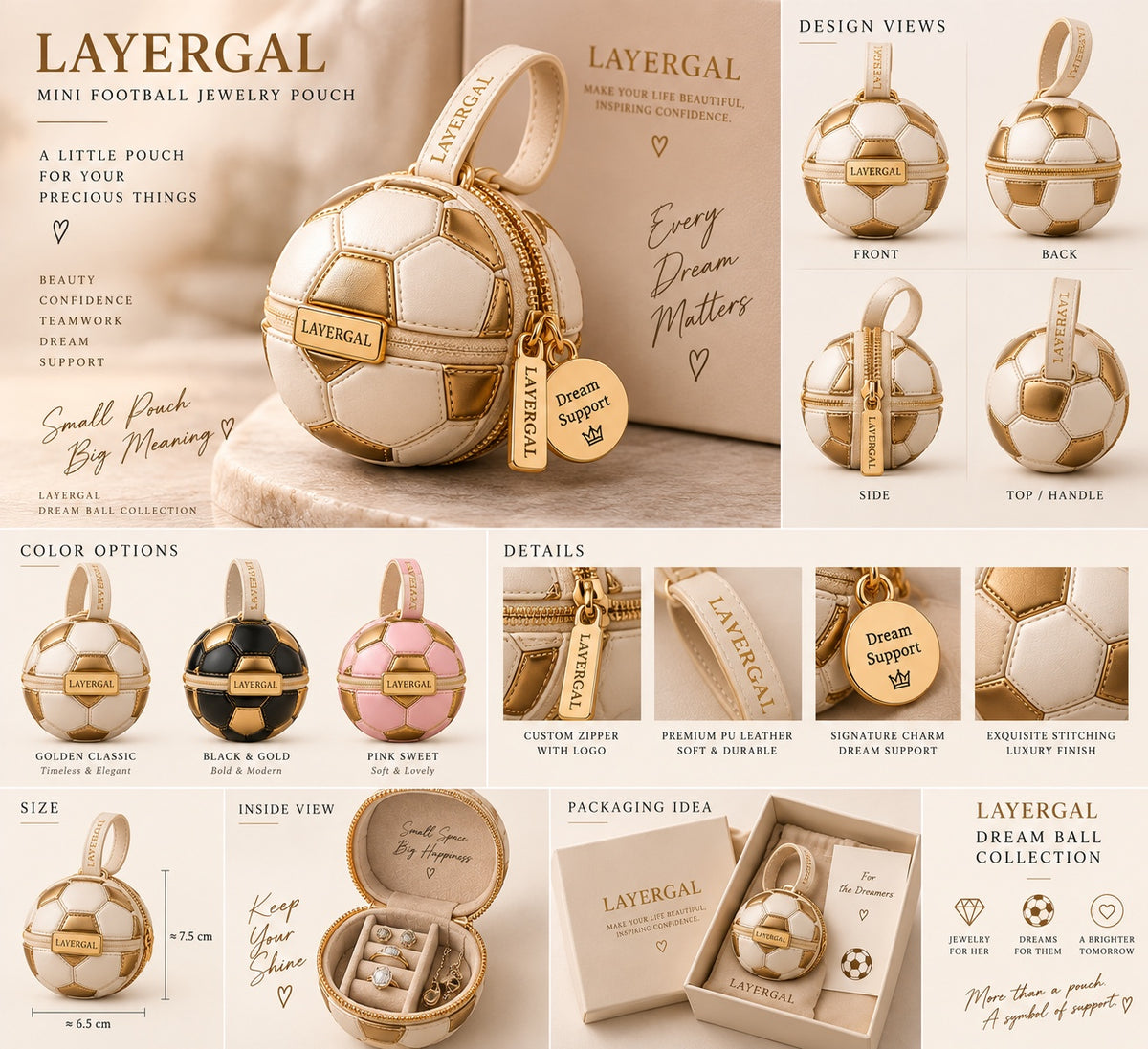 LAYERGAL ivory and gold mini football jewelry pouch design concept