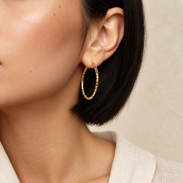 LAYERGAL slender gold hoop styled with ivory linen